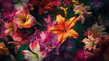 Texture of vibrant mixed oriental multicolored blooming flowers for background, wallpaper. . photo