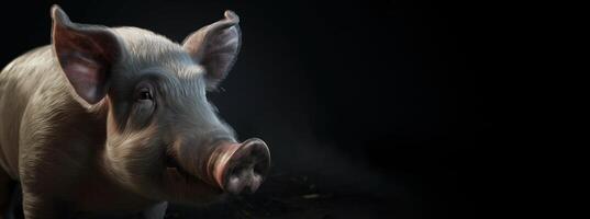 Domestic farm pig close-up on a black dark background. . photo