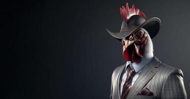 Gentleman, boss rooster with red crest in hat, suit and tie. Banner header. . photo