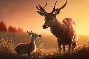 Beautiful deer with a fawn on a background with a sunrise in a clearing. . photo