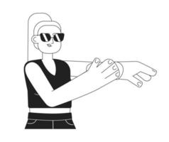 Woman with sunglasses wearing sunscreen lotion monochromatic flat vector character. Editable thin line half body person on white. Simple bw cartoon spot image for web graphic design, animation