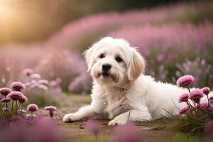 A white dog laying in a field of flowers photo