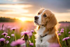 Cute dog in the field with pink flowers at sunset or sunrise photo