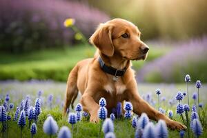 Labrador Retriever puppy sitting in a field of blue flowers photo