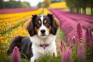 retrato de un hermosa australiano pastor perro sentado en un campo de flores ai generado foto