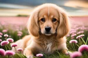 Cute Golden Retriever puppy sitting in the pink flower field photo