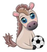 Cute horse with soccer ball. Child character, games for boys vector