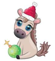 Cute horse, pony in Santa's hat with candy kane, Christmas ball, gift, ice skating. Winter, Christmas vector