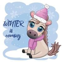 Cute horse, pony in Santa's hat with candy kane, Christmas ball, gift, ice skating. Winter is coming vector