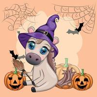 Cute horse, pony in a purple witch hat, with a broom, pumpkin, potion. Halloween card for the holiday vector