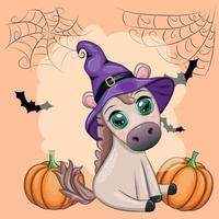 Cute horse, pony in a purple witch hat, with a broom, pumpkin, potion. Halloween card for the holiday vector