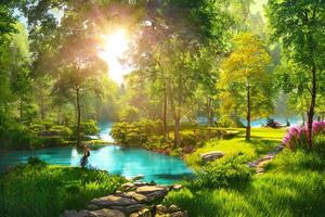 The landscape of park with a pond at morning with . photo