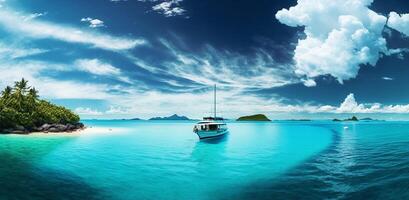 el paisaje de tropical mar y isla con un barco y ai generado. foto