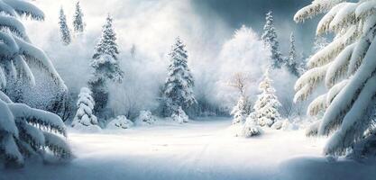 el paisaje de Nevado bosque en invierno con ai generado. foto