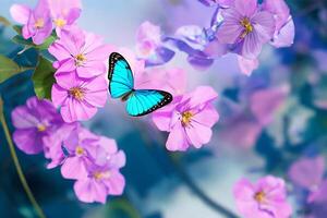 The butterfly is collecting nectar from the violet flowers with . photo