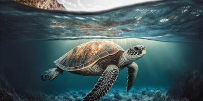 The turtle is swimming in underwater of the sea with . photo