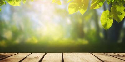 The wood table and the garden in morning with . photo