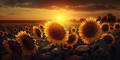 The field of sunflowers and sunset with . photo