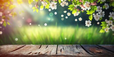 The blossoms are on the table in the garden with . photo