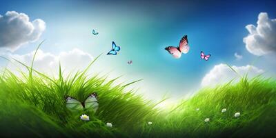 The landscape of green grass field and butterflies with . photo