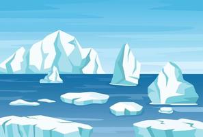 ártico polar paisaje con icebergs, glaciares y hielo rocas derritiendo iceberg a la deriva en océano. antártico montañas escena vector ilustración