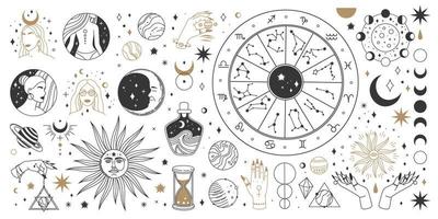 Mystical astrology, boho celestial and magic occult elements. Sacred mystic moon, sun, star, zodiac symbols and constellation vector set