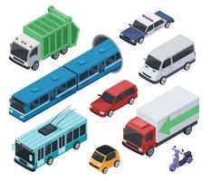 Isometric 3d public transport and city vehicle car, truck. Urban transportation van, subway train, police car. Cars and vehicles vector set