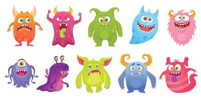 Cute monster characters smiling, funny aliens and creatures. Cartoon goblin, ghost, alien. Scary monsters with silly faces vector set