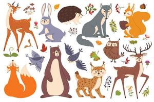 Forest wildlife animals and birds, cute woodland animal. Deer, fox, bear, squirrel, hedgehog, wolf, rabbit. Forest leaves, berries vector set