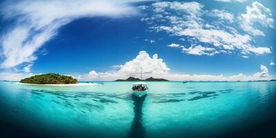 el paisaje de tropical mar y isla con un barco y ai generado. foto