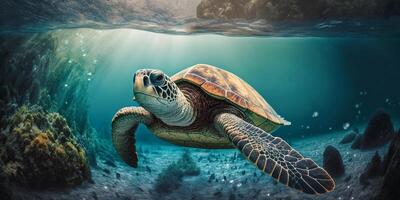 The turtle is swimming in underwater of the sea with . photo