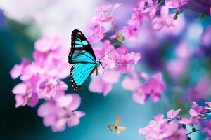 The butterfly is collecting nectar from the violet flowers with . photo