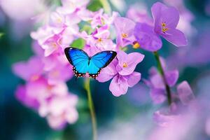 The butterfly is collecting nectar from the violet flowers with . photo