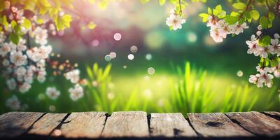 The blossoms are on the table in the garden with . photo