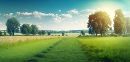 el paisaje de natural césped campo y arboles con ai generado. foto