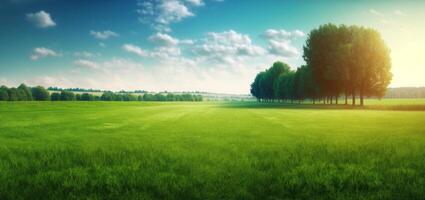 The landscape of natural grass field and trees with AI generated. photo