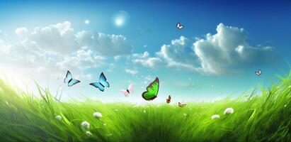 The landscape of green grass field and butterflies with . photo