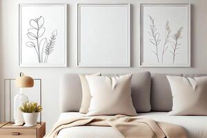 minimalist boho cozy mockup, blank empty white frames . photo