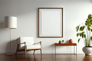 Empty frame on wall mockup in modern room with natural light . photo