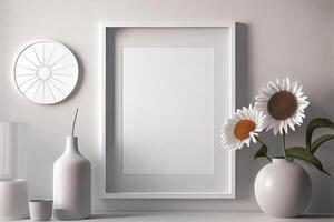 white frame mockup on the wall, minimalistic thin frame, day light, white wall, minimalistic, scandinavian style . photo