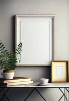 mockup for a blank white painting with a thin square frame on the wall, decorated in a vintage style next to the painting . photo