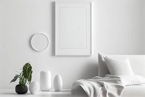 white frame mockup on the wall, minimalistic thin frame, day light, white wall, minimalistic, scandinavian style . photo