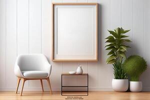 wooden frame mockup on the wall, minimalistic thin frame, day light, white wall, minimalistic, scandinavian style . photo