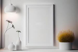 white frame mockup on the wall, minimalistic thin frame, day light, white wall, minimalistic, scandinavian style . photo