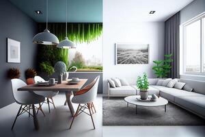 mínimo moderno hogar con vivo habitación y comida habitación diseño, pared Bosquejo en brillante interior antecedentes . ai generado foto