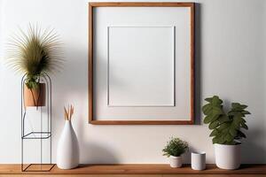 wooden frame mockup on the wall, minimalistic thin frame, day light, white wall, minimalistic, scandinavian style . photo