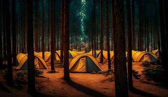 verano acampar en el pino vista al bosque de cámping carpas entre el pino arboles ,generativo ai foto