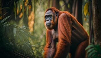 orangutan in a tropical rainforest conservation area ,Borneo endemic primates , photo