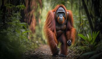 orangutan in a tropical rainforest conservation area ,Borneo endemic primates , photo