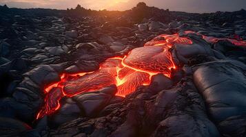 Red lava on a black volcanic ground. photo